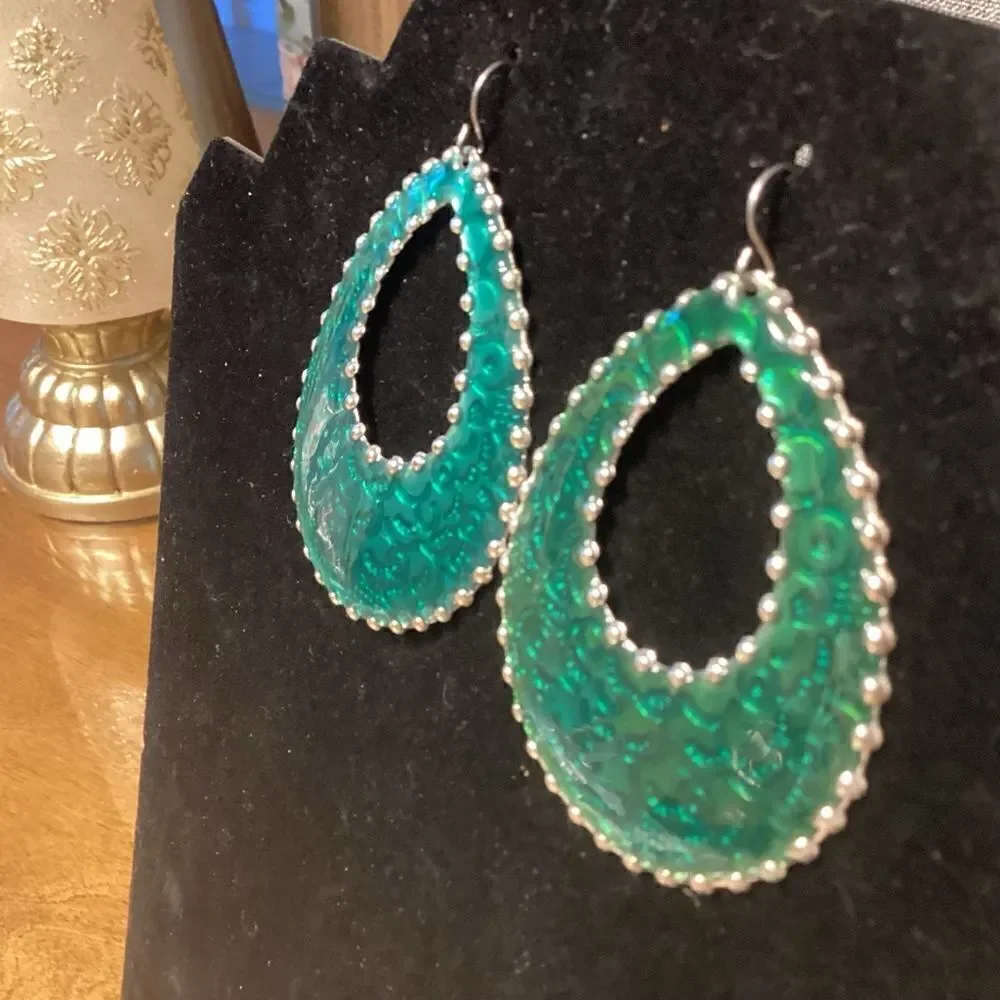 Silvertone and Green Enamel Tear Drop Pierced Earrings